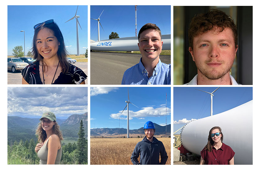 Six headshots of students, some standing with wind turbines in the background.