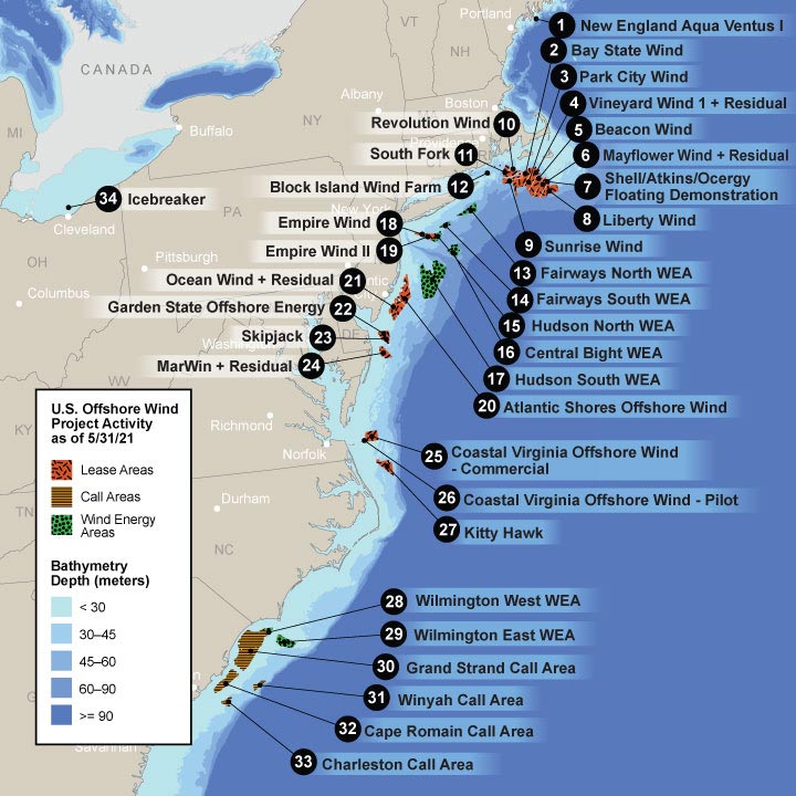 Map of the midsection of the U.S. East Coast, colored by offshore water depth from less than 30 to over 90 meters and overlain with labeled locations of offshore wind project activity as of 4/20/21. Numbered from north to south, the activity areas are: 1. New England Aqua Ventus I off southern Maine; 2–11. Bay State Wind, Park City Wind, Vinyard Wind 1 + Residual, Beacon Wind, Mayflower Wind + Residual, Shell/Atkins/Ocergy Floating Demonstration, Liberty Wind, Sunrise Wind, Revolution Wind, and South Fork off the southeastern coast of Massachusetts and Rhode Island which are all in a lease area; 12. Block Island Wind Farm southeast of Connecticut; 13. Fairways North Wind Energy Area off Long Island, New York; 14. Fairways South Wind energy Area off southern Long Island, New York; 15. Hudson North Wind Energy Area off the Hudson Bay, New York; 16. Central Bight Wind Energy Area further offshore from Hudson North; 17. Hudson South Wind Energy Area east of central New Jersey; 18–19. Empire Wind and Empire Wind II next to Hudson North; 20. Atlantic Shores Offshore Wind off southeast New Jersey; 21. Ocean Wind + Residual just south of Atlantic Shores in the same lease area; 22–23. Garden State Offshore Energy and Skipjack in a lease area just east of Delaware; 24. MarWin + Residual lease area east of the border between Delaware and Maryland; 25–26. Coastal Virginia Offshore Wind – Commercial and Coastal Virginia Offshore Wind – Pilot in a lease area east of Norfolk, Virginia; 27. Kitty Hawk in a lease area off northeast North Carolina; 28–29. Wilmington West Wind Energy Area and Wilmington East Wind Energy Area just southeast of North Carolina; 30. Grand Strand Call Area off northeastern South Carolina; 31. Winyah Call Area in deeper waters off South Carolina; 32. Cape Romain Call Area near the southeastern coast of South Carolina; and 33. Charleston Call Area in deeper waters than Cape Romain off southeastern South Carolina.
