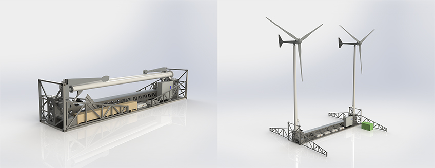 Illustrations of a wind turbine system that folds up for shipping and unfolds to become two wind turbines on a single stand.