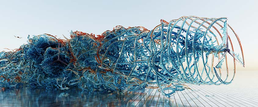 Behind a computer model of a wind turbine rotor with three blades, colorful swirls spiral and quickly devolve into chaotic shapes.