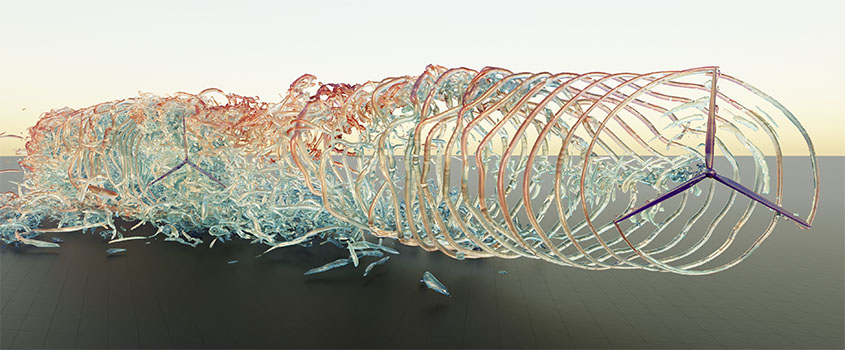 Behind a computer model of a wind turbine rotor with three blades, colorful swirls spiral and quickly devolve into chaotic shapes.