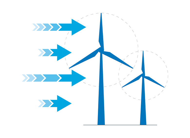 Arrows point toward the side of two differently sized cartoon wind turbines