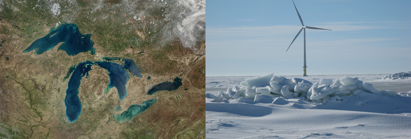 Satellite photo of the five Great Lakes next to a photo of a wind turbine on a frozen body of water with chunks of ice in the foreground.