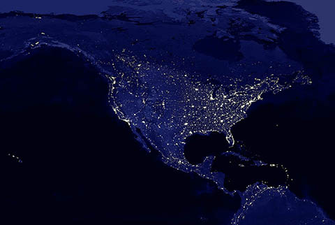 satellite image of North America at night