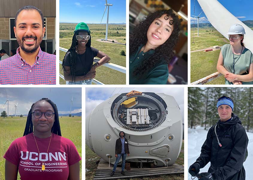 Seven headshots of students compiled into a collage. Some of the students stand in front of wind turbines and other wind energy equipment.