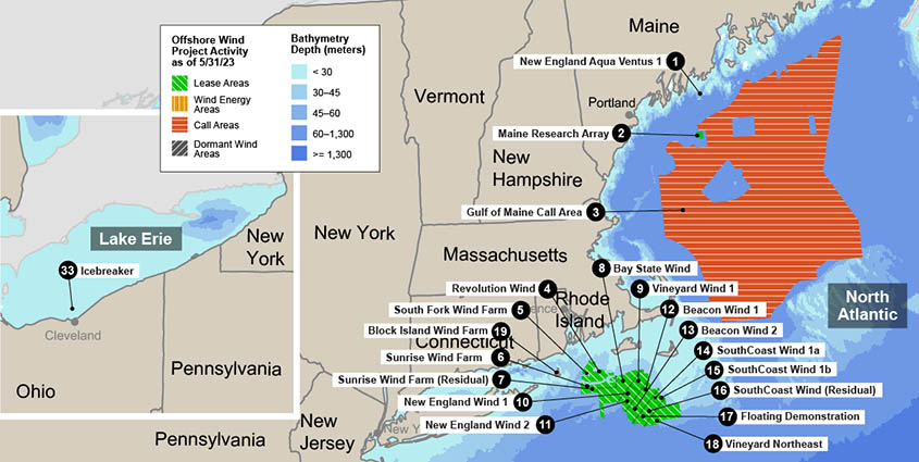 Map of the northern section of the U.S. East Coast, colored by offshore water depth from less than 30 to over 90 meters and overlain with labeled locations of offshore wind farm areas and projects.