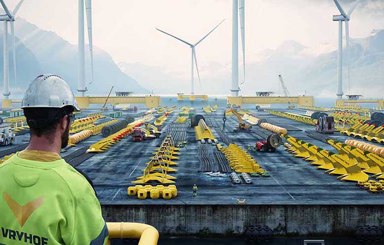 A worker overlooks an offshore wind energy mooring staging site