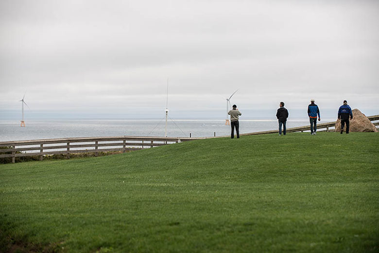 People on a hill look out at wind turbines in the ocean