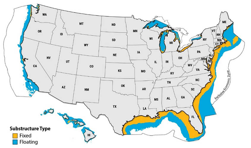 Map of the United States showing potential locations for offshore wind energy installations. Fixed substructure areas are mostly located near shore on the East and Gulf coasts as well as some Great Lake areas. Floating substructure areas are beyond that on the East and Gulf coasts as well as offshore on the West Coast, most of the Great Lakes, and around Hawaii.