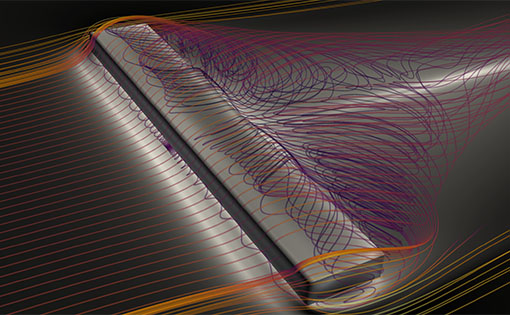 Image depicting rectangular volume with lots of lines crossing over the volume illustrating the impact of the volume on the wind flowing over it.