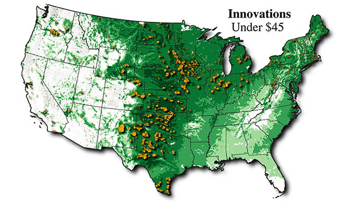 A map of the United States colored and with dots titled "Innovations Under $45"