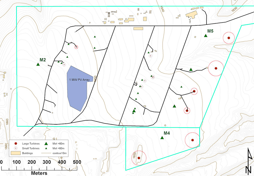 Map showing location of M2 (west), M4 (south), and M5 (northeast) towers at the Flatirons Campus.