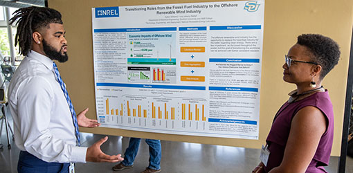 Two people talk while standing in front of a poster with the title Transitioning Roles from the Fossil Fuel Industry to the Offshore Renewable Wind Industry.
