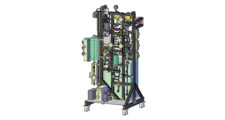Multi-color line drawing of a bench-scale fuel synthesis reactor showing a series of interconnected tubes, pipes, valves, and wires, all standing on a platform.