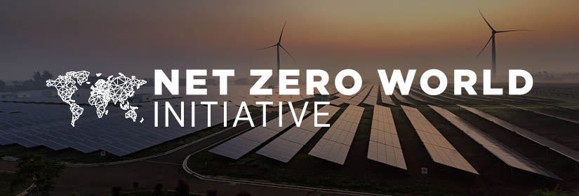 Net Zero World Initiative logo overlayed on image of solar array with wind turbines in the background.