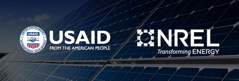 USAID-NREL Partnership logo overlayed on image of solar panels.