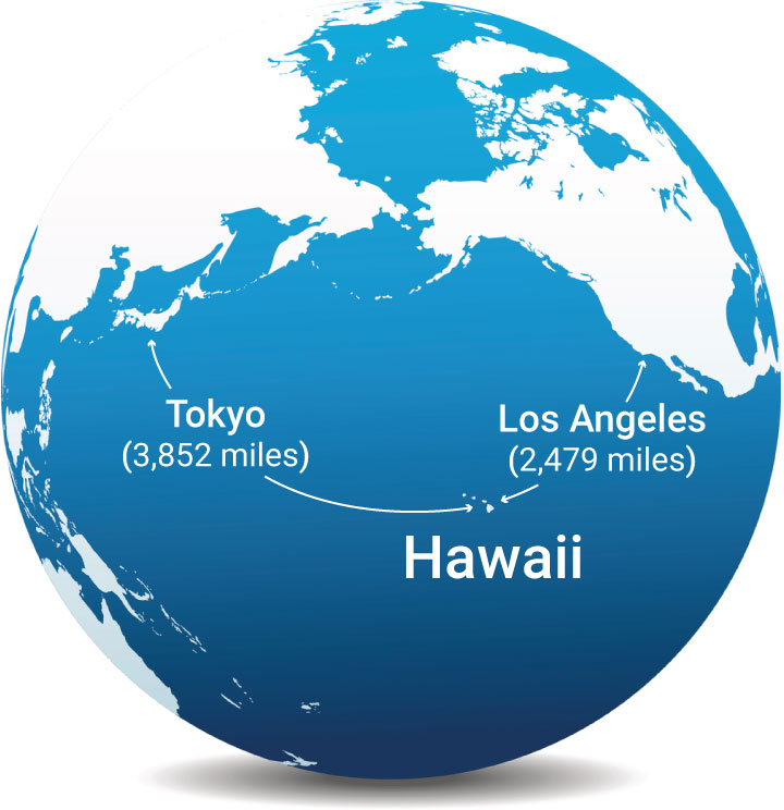 Graphic depicting the earth, turned to show the Hawaiian Islands and represent their geographic isolation from the mainland.