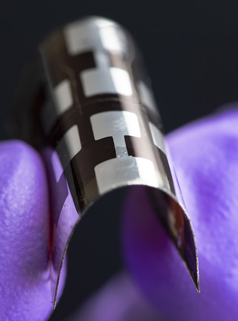 Close-up photo of a dimethylammonium-containing wide-bandgap perovskite, flexible solar cell