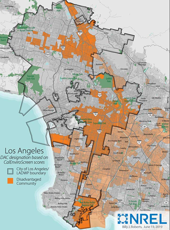 Map of Los Angeles highlighting census tracts designated as disadvantaged communities according to California’s CalEnviroScreen scores