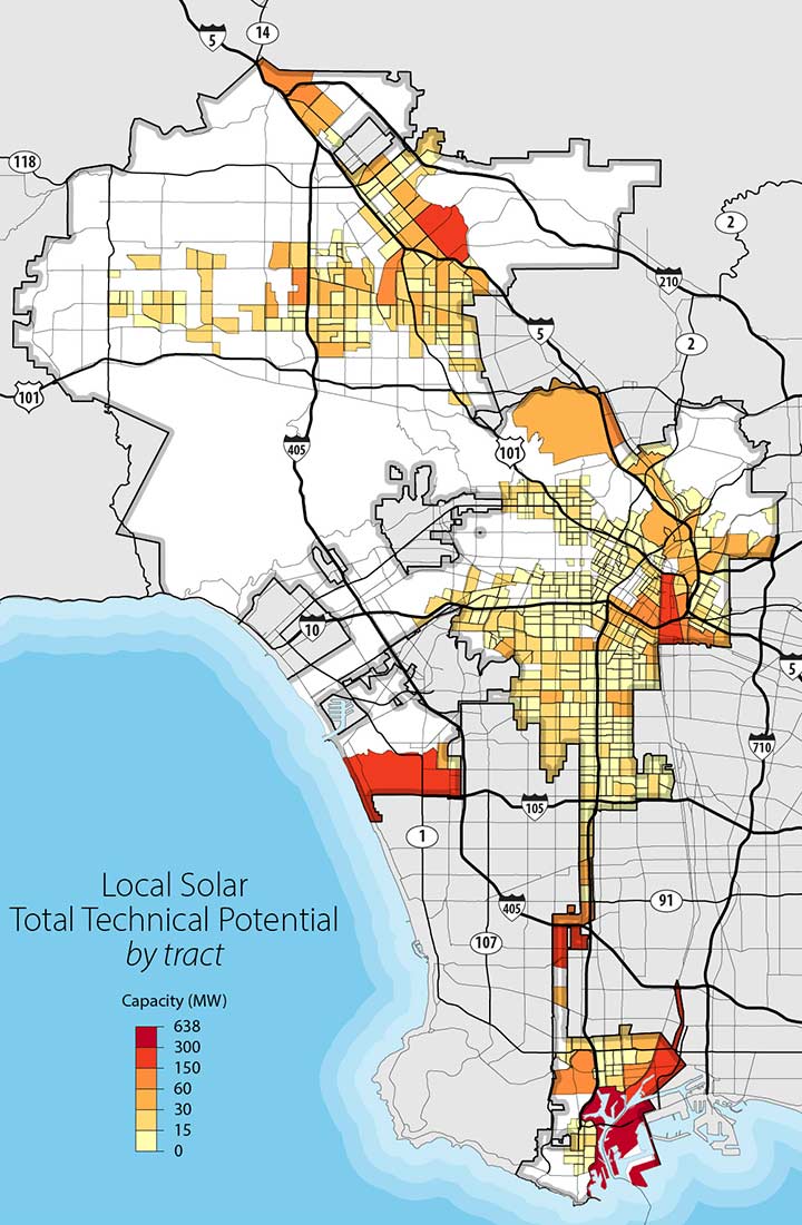 Map of Los Angeles highlighting census tracts designated as disadvantaged communities and projections for local solar technical potential in each tract