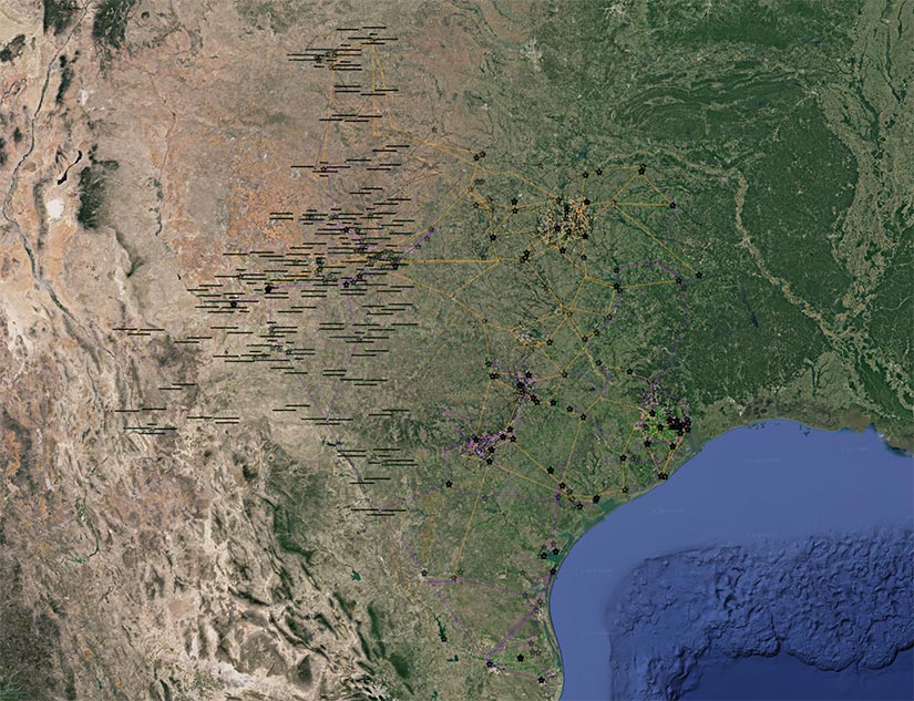 Digital image of a simulation of the Texas power system being used for NREL research.