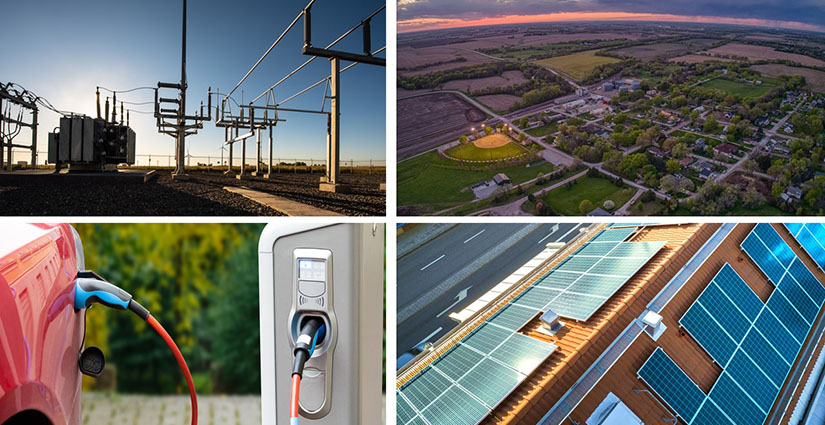 A collage of four pictures showing how the different ways electricity is used, from the power system to electric vehicle charging to rooftop solar.