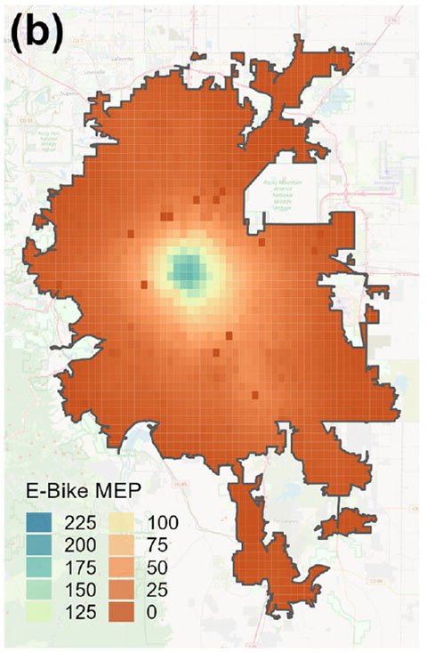 An E-Bike MEP map of Denver showing the highest score at the center of the map, with a more dramatic decrease leaving the city center.