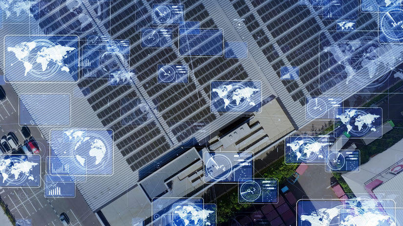 A photo of rooftops with solar panels with illustrated connection lines and communications icons. NREL and UL are developing a new cybersecurity standard for distributed energy resources, such as solar panels.