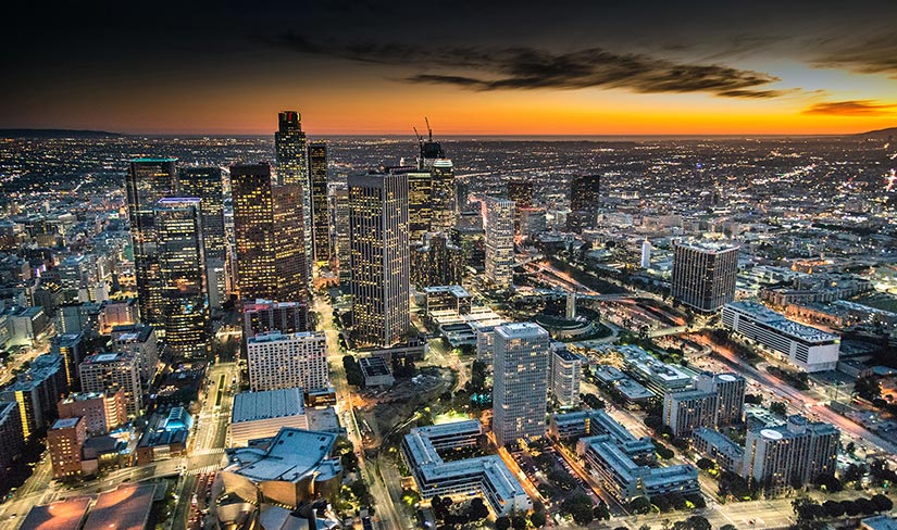 Skyline view of the city of Los Angeles at sunset