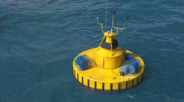A computer visual of a buoy with solar panels and antennae floating in the ocean.