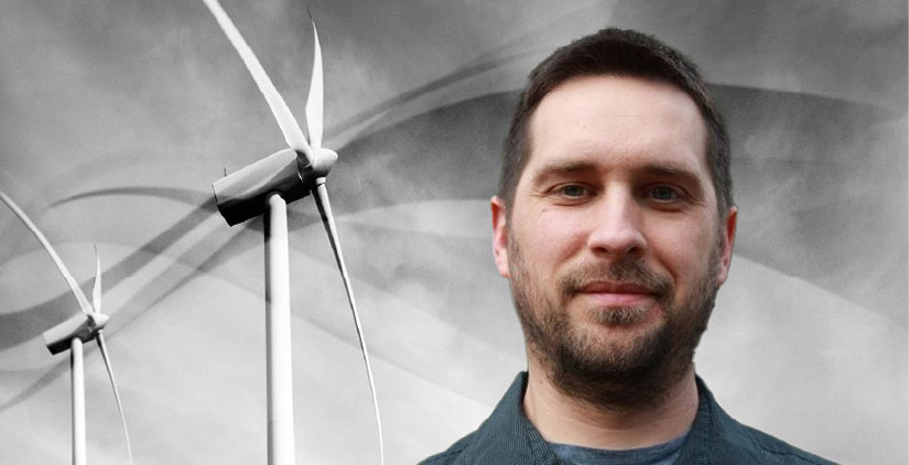 Two wind turbines with flowing lines and a headshot of Cris Hein