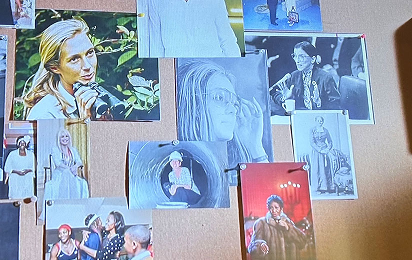 A wall of photographs, including Amy Robertson
