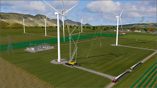 Illustration of a wind farm with a town in the background and a crane lifting the turbine blades onto the last turbine.